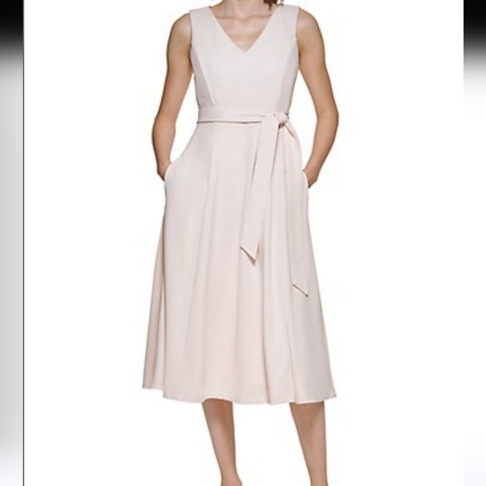 Size 16 Dress A-Line V-neck Sleeveless Belt Pockets Pink color CALVIN KLEIN #48